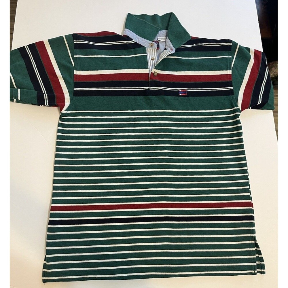 Bugle Boy Classics Polo Shirt Green M Striped Short Sleeve Collared Logo Y2K VTG